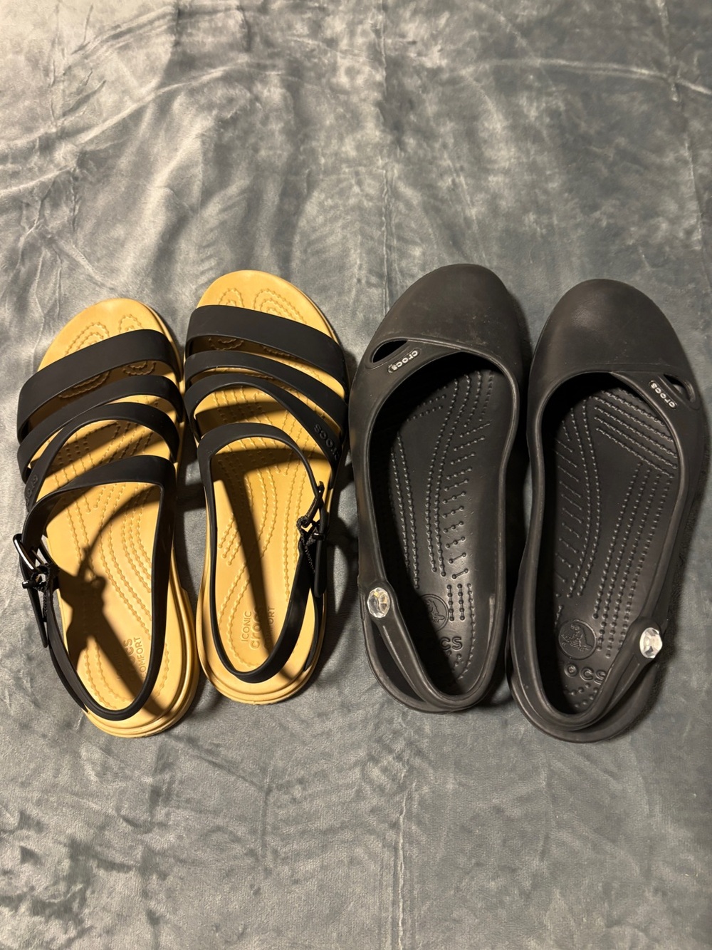 CROCS Black Strappy Sandals and Black Slip-On Flats with Tan Footbed